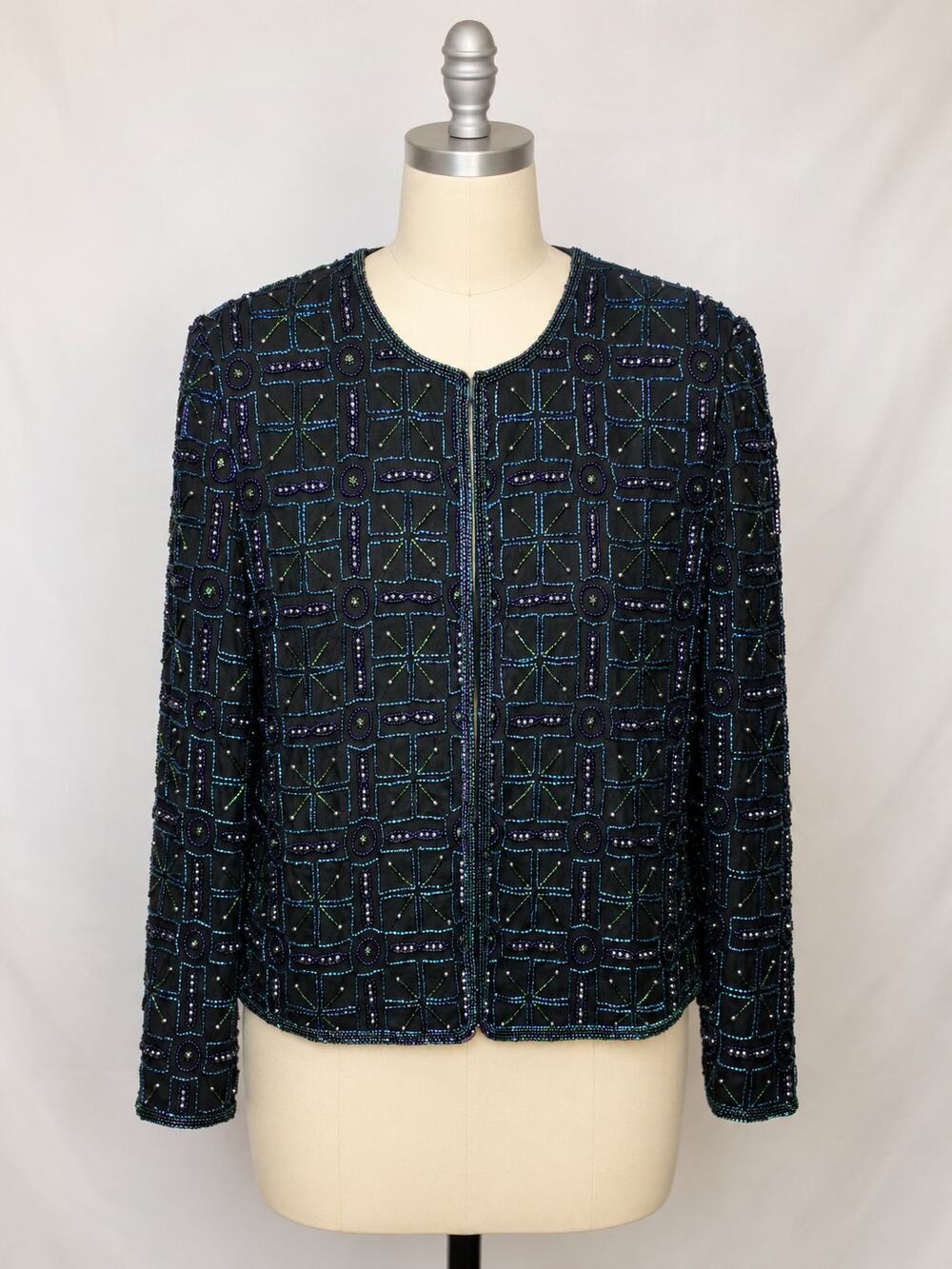 SCALA 100% Silk Beaded Sequin Evening Jacket Black Blue Green Vintage Glam